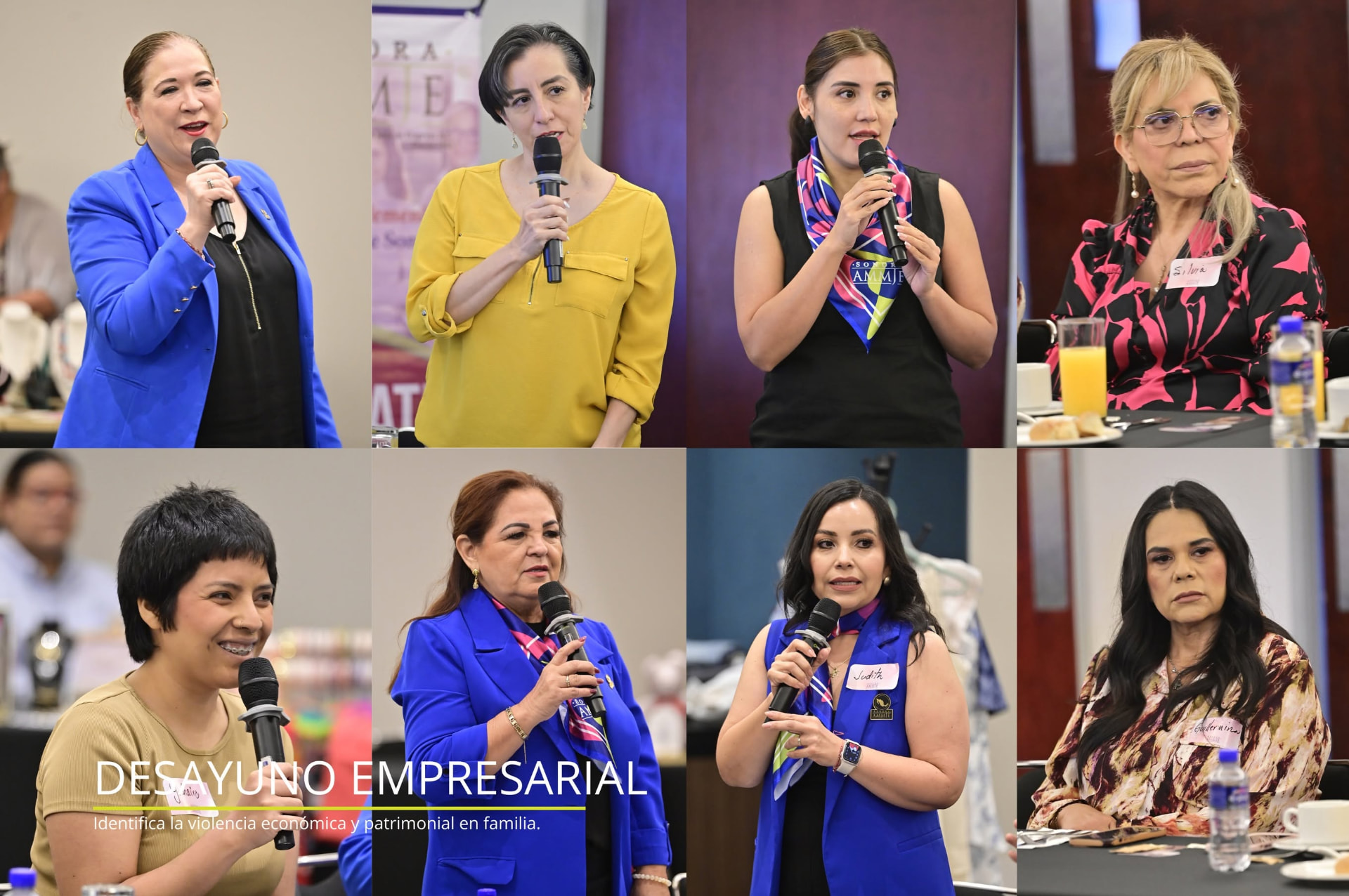 Participaciones de socias de AMMJE Sonora con micrófono durante el desayuno empresarial de mayo de 2026